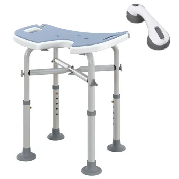 HOMCOM Taburet de dus, Inaltime reglabila 39-51,5 cm, Bara de sprijin cu ventuze, Patine cu ventuza, Albastru deschis | Aosom Romania imagine