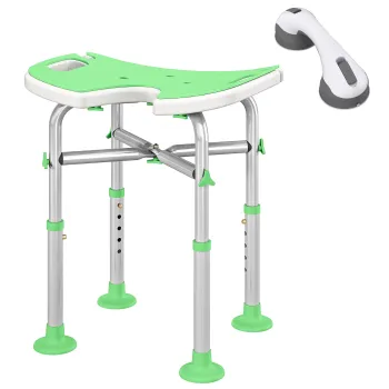 HOMCOM Taburet de dus, Inaltime reglabila 39-51,5 cm, Bara de sprijin cu ventuze, Picioruse cu ventuza, Verde | Aosom Romania imagine