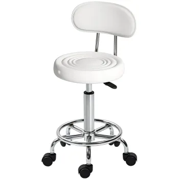 HOMCOM Taburet rotativ cu spatar si roti Scaun reglabil pentru salon de infrumusetare Studiou tatuaje 32x40x70-86cm Alb | Aosom Romania imagine