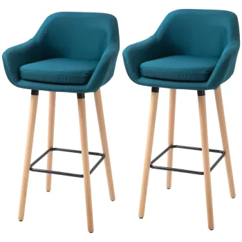 HOMCOM Taburete de Bar Design scandinav - Set de 2 Taburete de Bar Grand Confort cu Suport pentru Picioare si Cotiere - Lemn masiv Lana albastra | Aosom Romania imagine