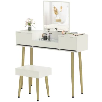 HOMCOM Toaleta cu Oglinza, Taburet, 3 Sertare, Sticla Temperata, Metal, Lemn Ash. | Aosom Romania imagine