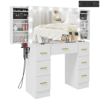HOMCOM Tocator cu oglinda si 12 lumini LED, Tocatoare cu 7 sertare, 6 rafturi ascunse, PAL, Alb | Aosom Romania imagine