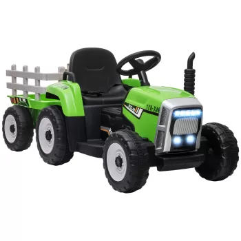 HOMCOM Tractor Electric cu Remorca Detasabila, Baterii de 12V, cu Telecomanda, Muzica si Claxon pentru copii de 3-6 ani, Verde | Aosom RO imagine