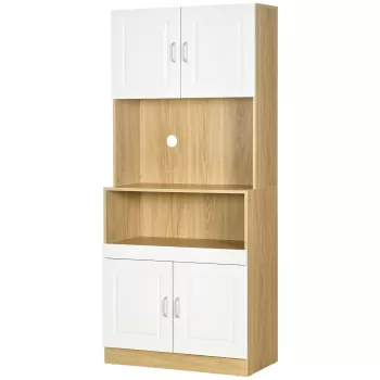 HOMCOM Unitate de camara inalta din PA de culoare alb si lemn cu 4 usi cu dulapuri si raft deschis, pentru bucatarie si sufragerie, 80x40x180 cm imagine