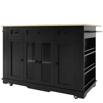 Insula de bucatarie cu blat rabatabil, si sticla securizata, 151,5x60/85x91,7 cm, Negru imagine