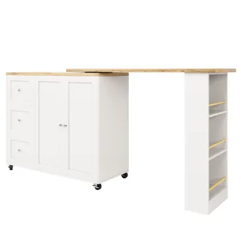 Insula de bucatarie extensibila, rotativa la 360?, cu 3 sertare, 2 usi si raft lateral pentru gustari, 135-203x39x106 cm, Alb imagine