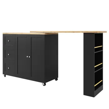Insula de bucatarie extensibila, rotativa la 360?, cu 3 sertare, 2 usi si raft lateral pentru gustari, 135-203x39x106 cm, Negru imagine