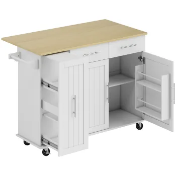 Insula de Bucatarie HOMCOM cu 5 Roti si Suport pentru Prosoape, 2 Sertare, 4 Rafturi si Dulap, din Lemn, 129x65x91 cm | Aosom Romania imagine