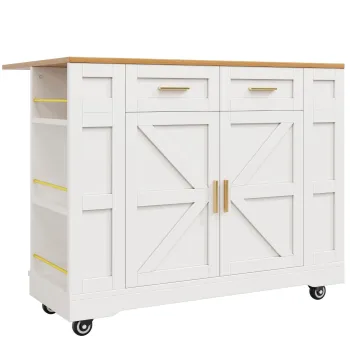 Insula de bucatarie moderna cu blat reglabil, masa de dining multifunctionala cu depozitare, 120x40/65x90 cm, Alb imagine