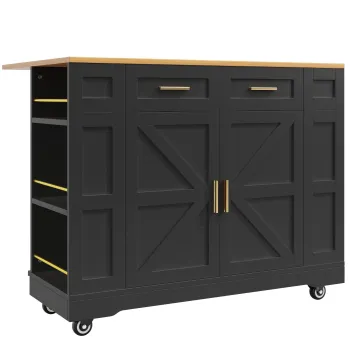 Insula de bucatarie moderna cu blat reglabil, masa de dining multifunctionala cu depozitare, 120x40/65x90 cm, Negru imagine