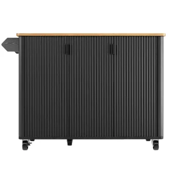 Insula mobila de bucatarie cu blat rabatabil, 3 usi, suport pentru prosoape si raft pentru condimente, 130x45/75x92 cm, Negru imagine