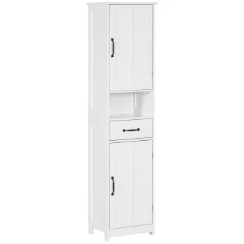 kleankin Coloana de Baie cu 2 Usi 1 Sertar Raft Deschis si 2 Dulapuri cu Raft Reglabil 40x30x164 cm Alb | Aosom Romania imagine