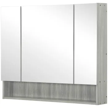 kleankin Dulap cu Oglinda cu 4 Sectiuni si Rafturi Reglabile, Oglinda de Baie din Lemn si Sticla, 90x15x75 cm, Gri | Aosom Romania imagine