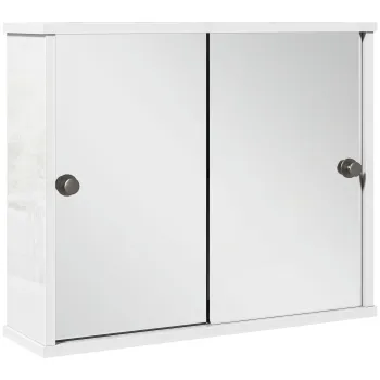 kleankin Dulap cu Oglinda de Perete cu Polita Reglabila si Usa Glisanta Dubla pentru Lavoar 55x15x45 cm Alb Lucios | Aosom Romania imagine