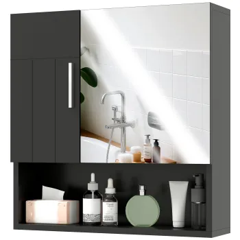 kleankin Dulap cu Oglinda pentru Baie 2 Usi si Raft Deschis 54x15.2x55.3 cm Negru | Aosom Romania imagine