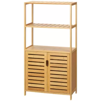 kleankin Dulap de baie cu 2 rafturi deschise si dulap cu doua usi, din bambus cu usa cu clapeta, natural | AOSOM RO imagine