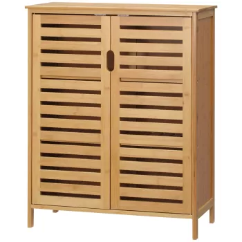 kleankin Dulap de baie cu doua usi si 2 rafturi de depozitare, din bambus, natural | AOSOM RO imagine