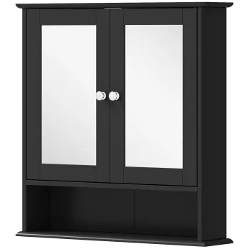 kleankin Dulap de baie cu oglinda Dulap de perete cu 2 usi Raft deschis Raft reglabil 56x13x58cm Negru | Aosom Romania imagine