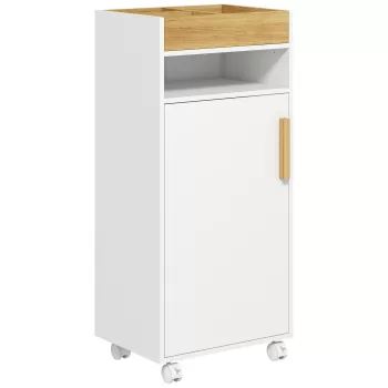 kleankin Dulap de Baie cu Roti si Tava Detasabila, Dulap Mobil de Depozitare cu Usa si Raft Reglabil, Alb imagine