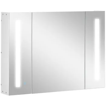 Kleankin Dulap de Baie LED cu Oglinda, Organizator de Depozitare Reglabil, Montat pe Perete cu 3 Usi, Oglinda si Rafturi Reglabile, 90x15x65 cm, Alb imagine
