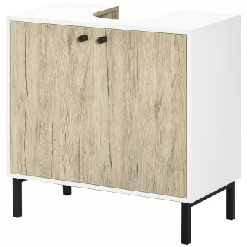 kleankin Dulap de baie modern pentru chiuveta de baie, dulap de depozitare liber cu raft, usi duble, stejar antic, alb | AOSOM RO imagine