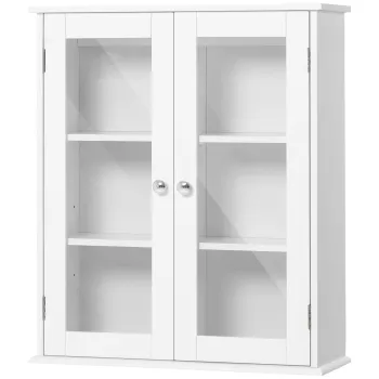 Kleankin Dulap de Baie Suspendat cu 2 Usi din Lemn si Sticla, Dulap de Perete Multifunctional, 55x20x65 cm, Alb | Aosom Romania imagine