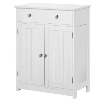 kleankin Dulap de Depozitare Organizator Independent pentru Baie de Podea cu 2 Usi, 2 Sertare si Raft Reglabil, Alb | Aosom Romania imagine