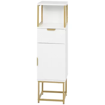 kleankin Dulap de Depozitare pentru Baie, Organizator de Baie pe Podea, Dulap de Lenjerie cu raft Deschis, Sertar si Dulap, Alb | AOSOM RO imagine