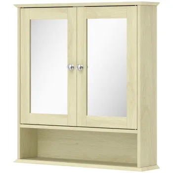 kleankin Dulap de perete pentru baie cu oglinda, 56 x 13 x 58 cm, mobilier de baie cu usi-oglinda duble, efect lemn natural | Aosom Romania imagine