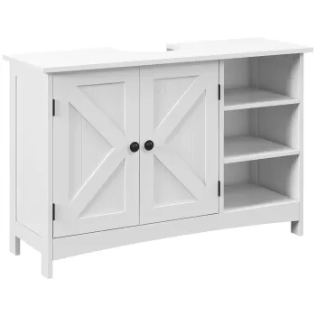 kleankin Dulap Rustic pentru Chiuveta din Baie, Dulap de Depozitare pentru sub Chiuveta cu Usi Duble si Rafturi, Alb imagine