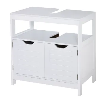 kleankin Dulap sub lavoar Cabinet de baie cu raft 2 usi depozitare Dispozitiv anti-rasturnare Rezistent la umiditate 60x30x60 cm Alb | Aosom Romania imagine