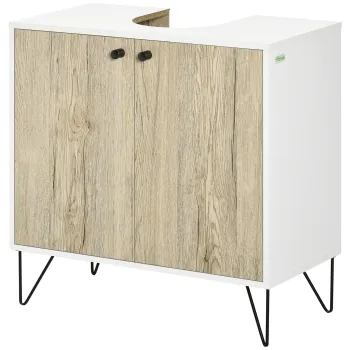 kleankin Dulap sub lavoar, mobilier de baie cu 2 usi, picioare din otel, 60 x 30 x 60 cm, alb si lemn natural | Aosom Romania imagine