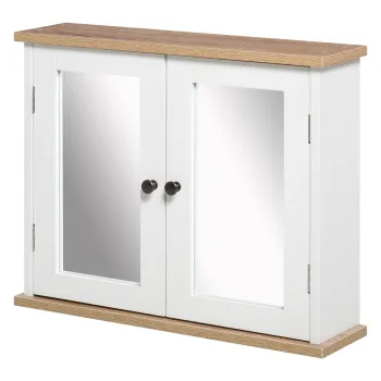 kleankin Dulap Suspendat cu Oglinda pentru Baie 2 Niveluri cu 1 raft reglabil si 2 Usi din lemn- dim. 56I x 14P x 46H cm | Aosom Romania imagine