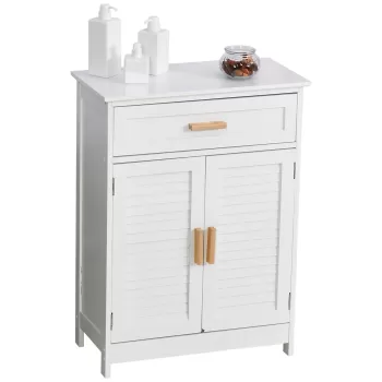 kleankin HOMCOM Dulapior de Baie multifunctional stabil cu usa dubla articulata si sertar organizator ingust din MDF pin alb 59 x 29 x 80cm imagine