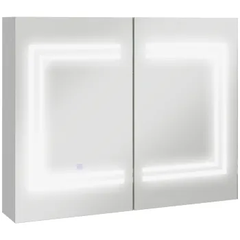 kleankin Mobilier de Baie cu Oglinda Rafturi Reglabile Comutator Tactil si Culoare a Luminii Reglabila 80x15x65 cm Alb Lucios | Aosom Romania imagine