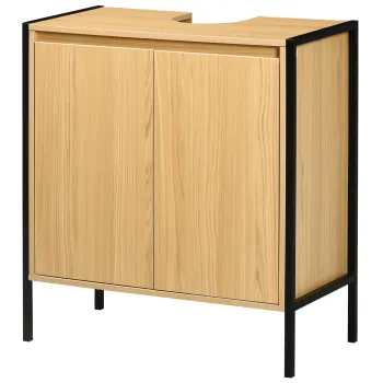 kleankin Mobilier sub chiuveta de baie dulap sub vas dublu - 60 x 30 x 62,5 cm - Negru si Culoare Lemn | Aosom Romania imagine