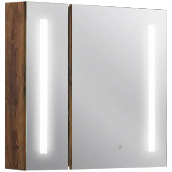 Kleankin Oglinda de Baie cu Lumini LED Reglabile, Dulap de Baie cu 2 Usi cu Oglinda si Raft Reglabil, 70x15x65 cm, Maro imagine