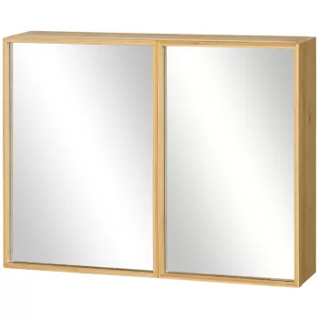 kleankin Oglinda de baie din bambus si sticla cu 3 rafturi, 2 usi si oglinzi, 65,2x14x50 cm, culoare lemn | AOSOM RO imagine