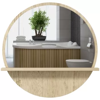 kleankin Oglinda de Baie Rotunda din PAL si Sticla cu Raft pentru Depozitare si 2 Carlige Posterioare pentru Fixare, O45x10 cm, culoare Lemn Natur imagine