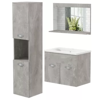 kleankin Set de Mobilier de Baie din 3 Piese, Montat pe Perete, cu Dulap cu Oglinda, Dulap de Toaleta cu Chiuveta si Dulap de Depozitare Inalt, Gri imagine