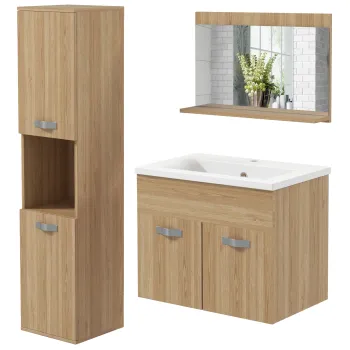 kleankin Set de mobilier de baie oglinda coloana + dulap sub chiuveta suspendat cu bol, dulap coloana natural | Aosom Romania imagine