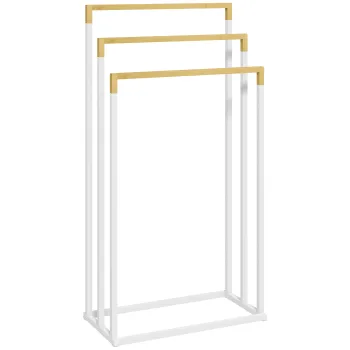 kleankin Suport pentru Prosoape din Bambus si Otel cu Design Independent, 45x22.5x86 cm, Alb imagine