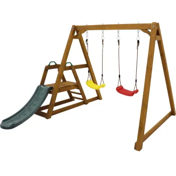 Leagan Dublu pentru Copii din Lemn Masiv cu Tobogan de Gradina si Scara de Catarat, Structura de Exterior, 239x240x169 cm, Natural imagine