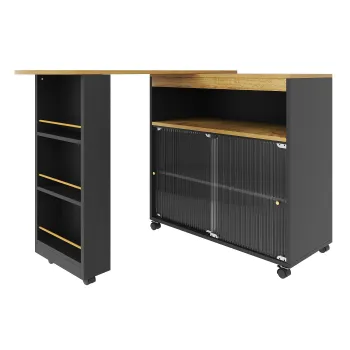 Masa bar moderna extensibila si mobila, cu LED, spatiu mare de depozitare, 138-204x39x105 cm, Negru imagine