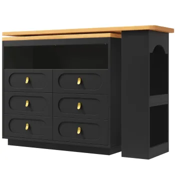 Masa de bar extensibila cu rotire 360?, 6 sertare si raft lateral pentru gustari, 137-203x39x90 cm, Negru imagine