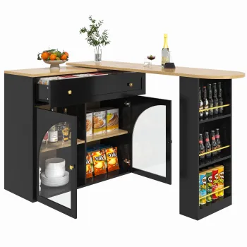 Masa de bar extensibila cu spatiu de depozitare, bar rotativ 360? cu raft lateral in 3 trepte si usi din sticla securizata, 138-204x39x104 cm, Negru imagine