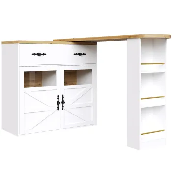 Masa de bar extensibila cu spatiu de depozitare si functie de rotire 360?, 138-204x39x104 cm, Alb imagine