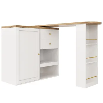 Masa de bar rotativa 360? cu 2 sertare si dulap cu usa glisanta, 3 niveluri de depozitare deschise, Alb imagine