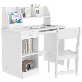Masa de birou pentru copii ZONEKIZ cu scaun, birou de scoala pentru 5-8 ani din lemn cu polita si scaun, alb ZONEKIZ | Aosom RO imagine