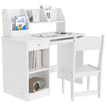 Masa de birou pentru copii ZONEKIZ cu scaun, birou de scoala pentru copii cu varsta de 5 pana la 8 ani din lemn cu polita si scaun, de culoare alb imagine